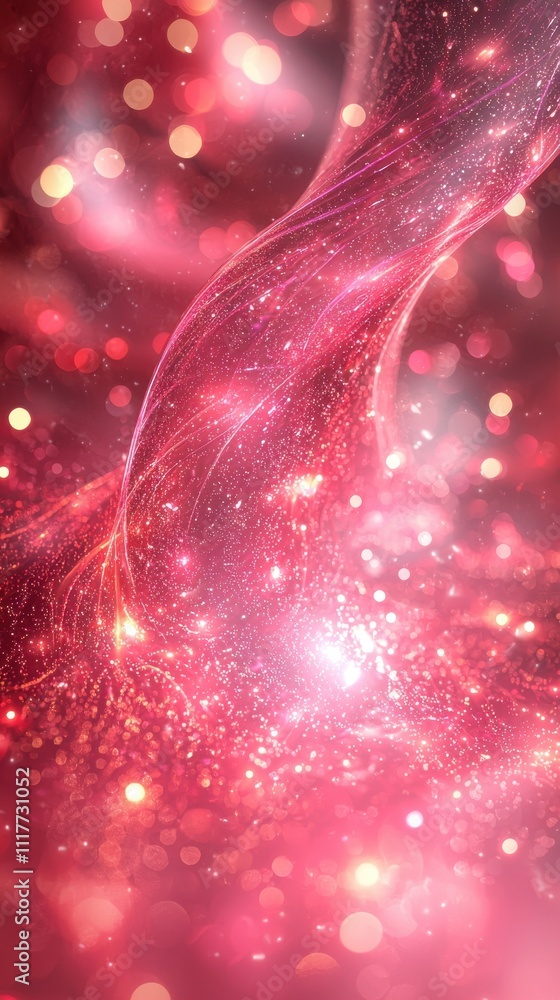 Poster swirling red cosmic patterns filled with shimmering light and vibrancy in an ethereal setting