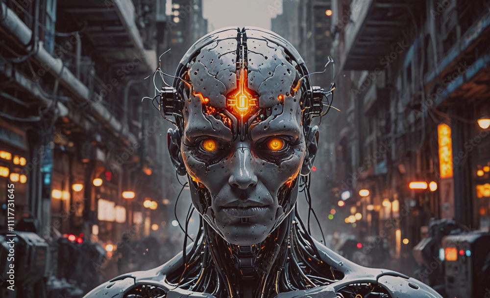 Aufkleber A robot with a glowing eye stands in front of a city. The robot is surrounded by lights and he is in a futuristic setting