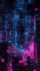 Fototapeta premium 5G smart city night skyline with digital connections and neon lights