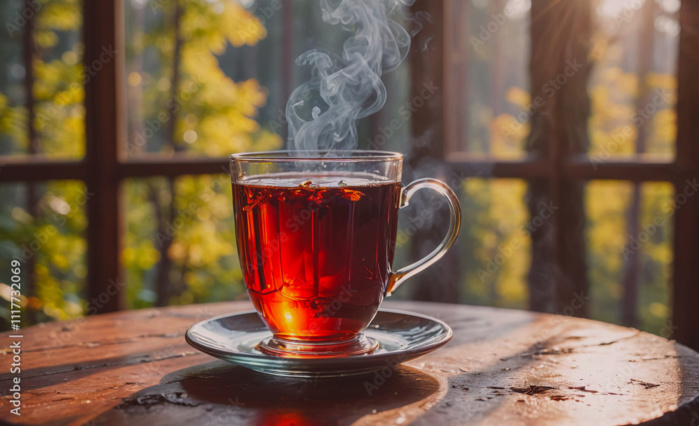 Poster a cup of tea sits on a wooden table with steam rising from it. the scene is peaceful and relaxing, w