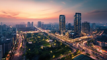 Fototapeta premium Sunset Cityscape: Aerial View of Modern Metropolis at Dusk
