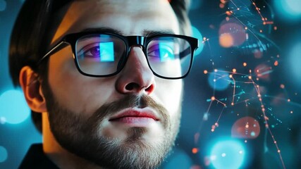 Visionary Gaze: A pensive young man with glasses, illuminated by a futuristic digital overlay, contemplates the vast possibilities of technological innovation.   - Powered by Adobe