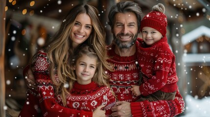 Cheerful family celebrates winter holidays together in festive sweaters while snow falls gently around them. Generative AI