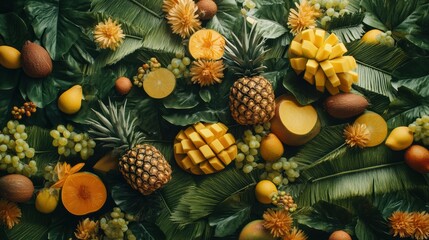 Fototapeta premium Tropical fruit composition with palm leaves and coconut husks