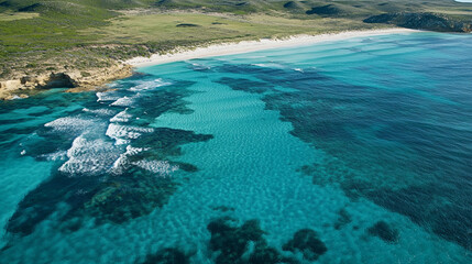 Fototapeta premium Coastal view of clear turquoise waters and sandy beaches at golden hour