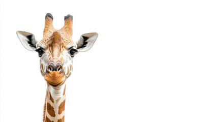 Fototapeta premium Close-up of a giraffe's face set against a stark white background, highlighting its unique patterns and features.
