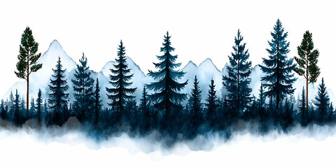 Fototapeta premium A serene watercolor illustration of a dense forest with evergreen trees and distant mountains, evoking a sense of tranquility and nature.