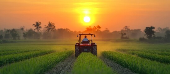 A lone tractor drives through a field of rice paddies at sunset.  The sun is setting in the distance, casting a golden glow over the landscape.