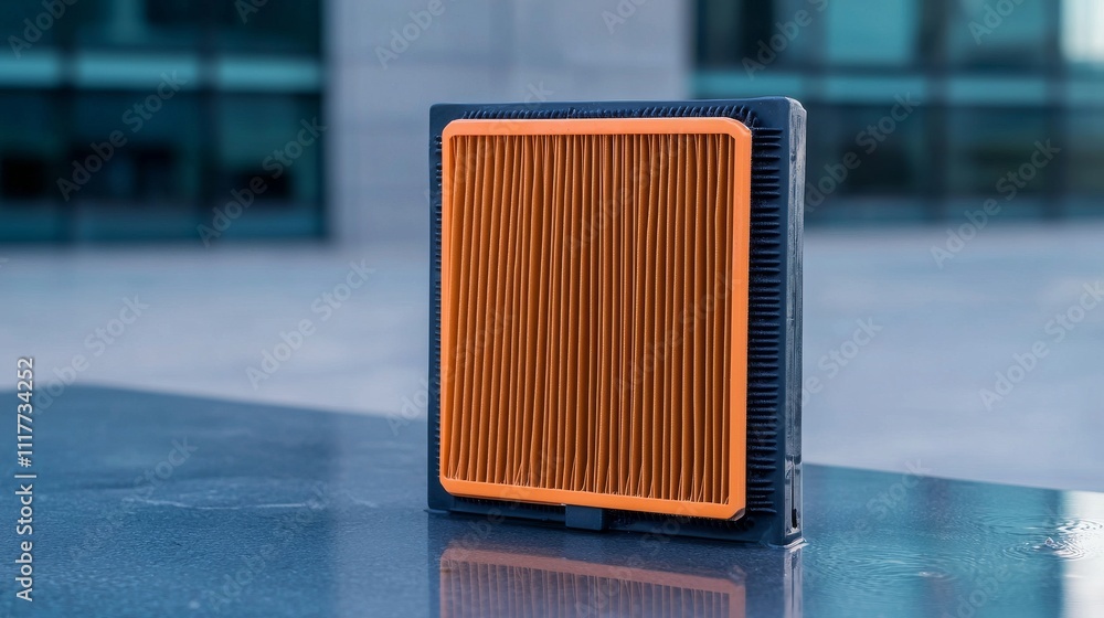 Poster furnace filter concept. air filter with an orange element placed on a surface.