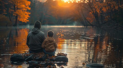 Father and son share a tranquil moment by the lakeside as the sun sets on an autumn evening. Generative AI