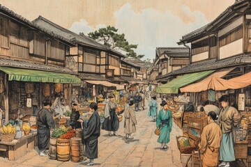 Obraz premium A bustling Edo street market scene with merchants, traditional buildings, and colorful wares