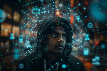 Young man in hoodie surrounded by digital symbols and networks, representing technology, data security, and modern communication in an urban setting at night
