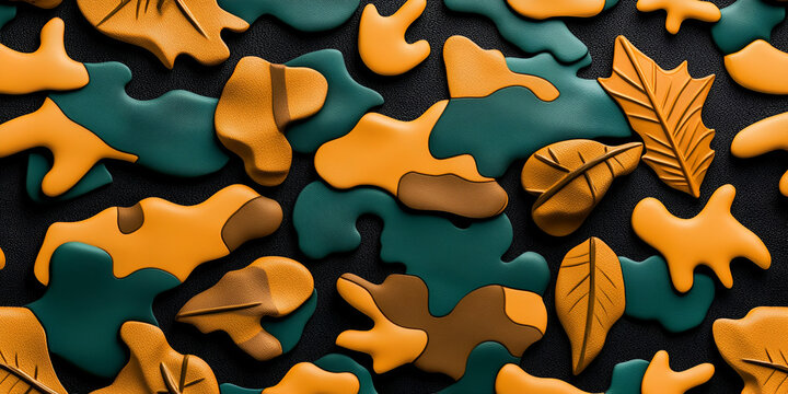 A colorful arrangement of green and orange camo shapes and leaf designs, creating a vibrant and artistic texture.