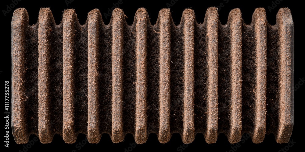 Poster furnace filter concept. textured surface of aligned rectangular shapes against a dark background.