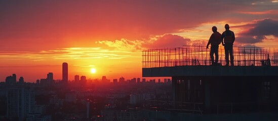 Naklejka premium Two construction workers silhouetted against a stunning sunset over the city.