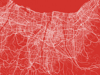 Christmas Map of Toyama, Japan in Snowy White on Festive Red Background.