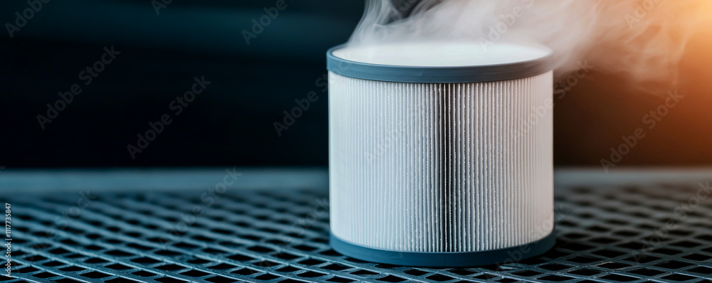Poster furnace filter concept. steam diffuser with a sleek design and gentle vapor release.