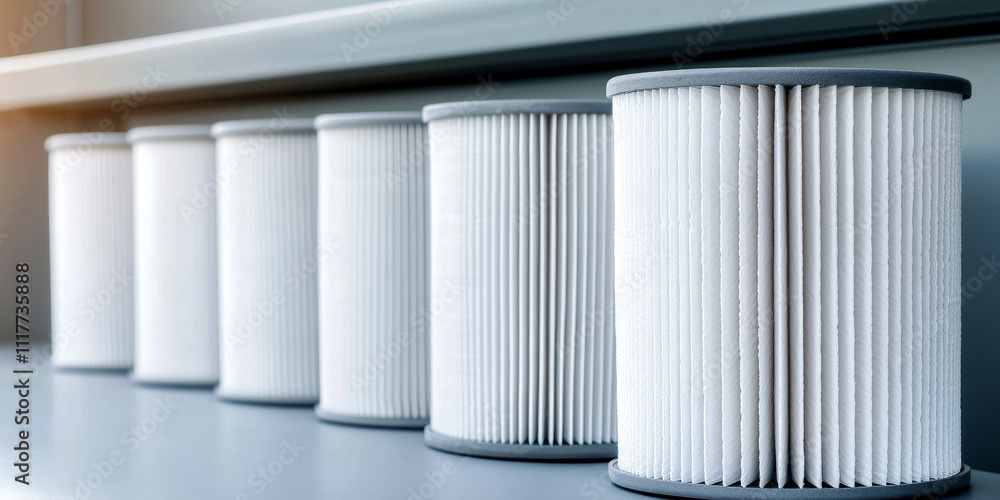 Aufkleber furnace filter concept. filters arranged in a neat row on a surface.
