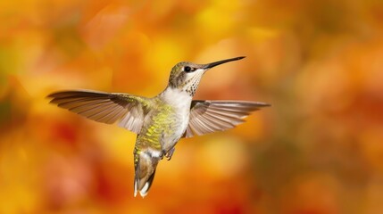 Naklejka premium Hummingbird in Autumnal Flight: A Burst of Color and Grace
