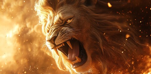 A fierce lion roaring amidst a dramatic, fiery background.