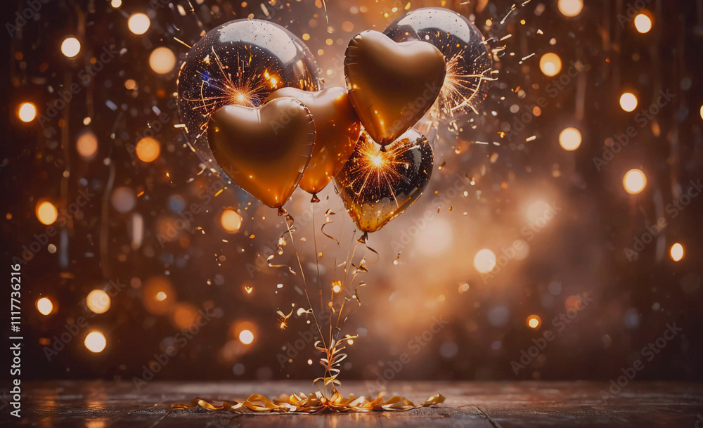 Poster a bunch of gold balloons with hearts on them are falling from the ceiling. the scene is set in a dar