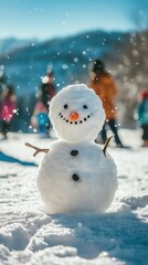 Obraz premium Sunlit winter landscape with partially built snowman and mountains