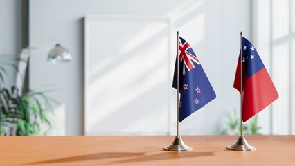 FLAGS OF NEW ZEALAND AND SAMOA ON TABLE