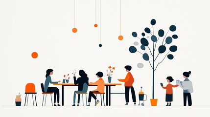 Creative gathering of people enjoying shared activities in a bright and colorful space