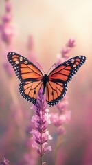 Obraz premium A vibrant butterfly perched on a delicate flower amidst a soft, colorful background.