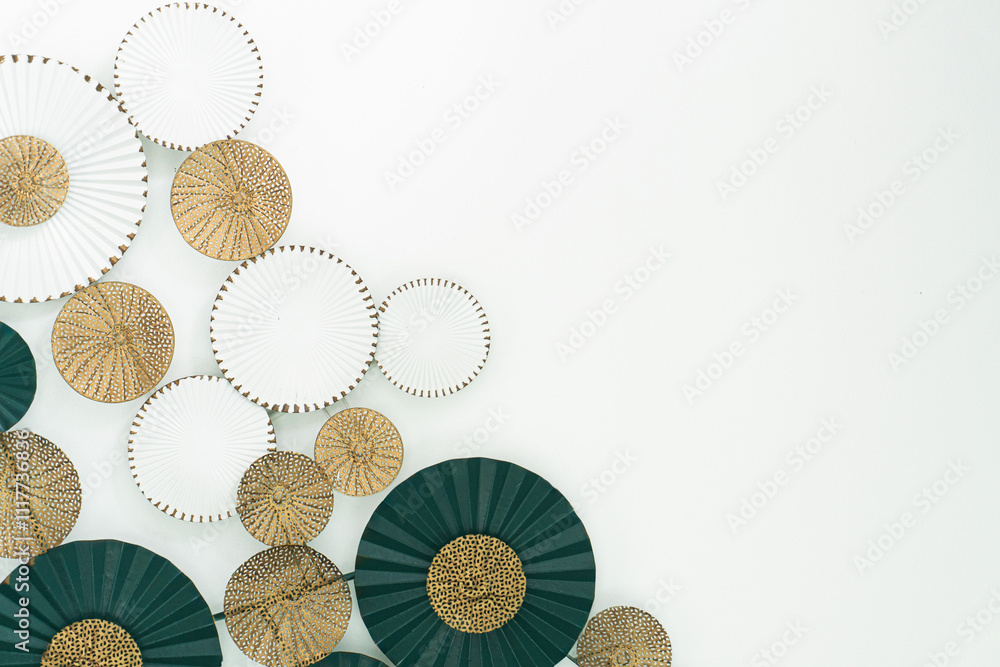 Poster close-up of a decorative wall piece. the piece is made up of a series of circular shapes, each with 