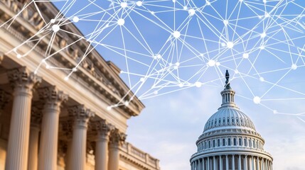 Fototapeta premium A digital illustration of the U.S. Capitol building, featuring a network of interconnected lines above, symbolizing technology and governance.