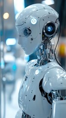 Fototapeta premium Humanoid ai robot interacting with diagnostic tools in medical lab