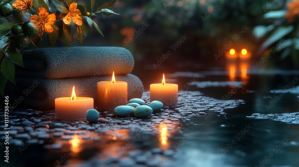 Poster glow of candles and soft towels in tranquil spa setting with lush flora and stones