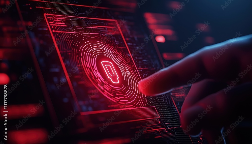 Poster interactive fingerprint technology interface digital workspace graphic design futuristic environment