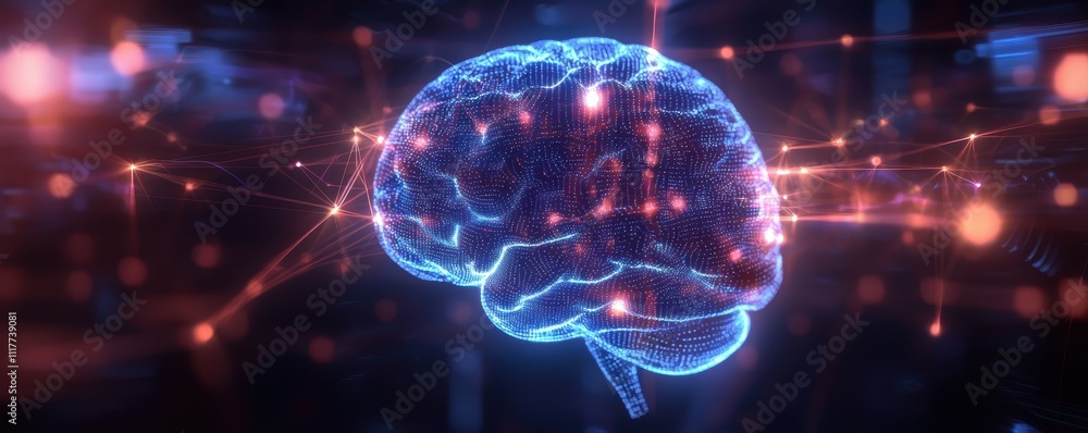 Poster neuroscience event analyzing brain activity digital environment abstract concept with futuristic vie