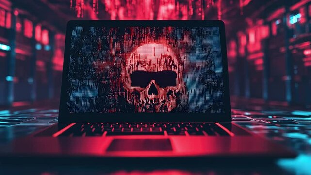 Cybersecurity Threat: A chilling skull with glowing eyes stares from the screen of a laptop, symbolizing the dangers of cybercrime and the need for strong online security.  