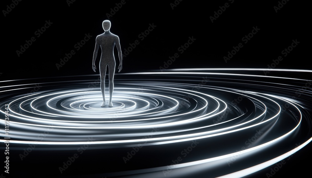 Poster exploring human connection and energy flow abstract space digital art dark environment central view 