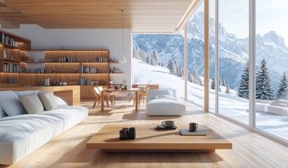 Modern minimalist living room with mountain view.