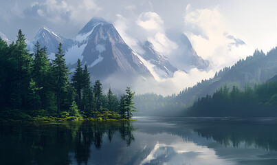 Landscape with a tranquil lake nestled amidst a majestic mountain range under a clear blue sky