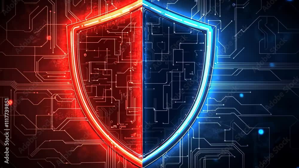 Poster dynamic shield technology red circuit design for digital protection and innovation