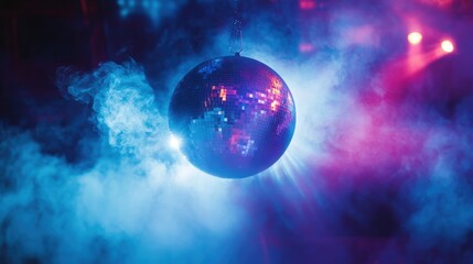 Disco ball casting kaleidoscopic lights in dark space