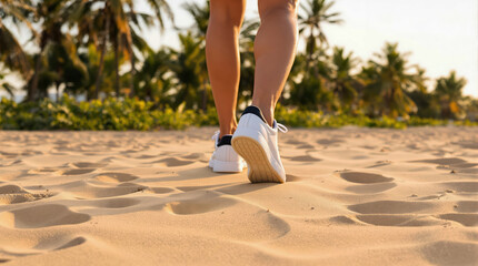 Walking Along Light Brown Sand Path with Palm Trees in Soft Light