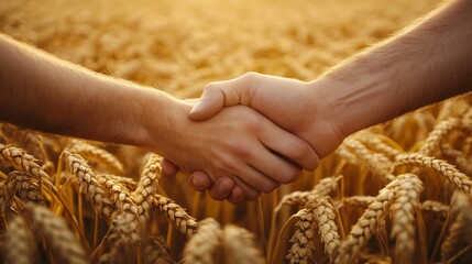 Two hands come together in a firm handshake amidst a sprawling wheat field, illuminated by the warm glow of sunset. This moment symbolizes partnership and shared goals