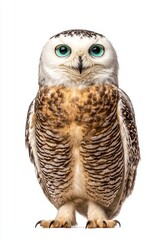 A snowy owl stands upright, showcasing its striking features, including vibrant blue eyes and distinctive feather patterns.