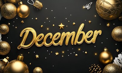 bas-relief, gold monochrome ornament with text "December", black background, golden glittering balls, white and yellow light stars,


