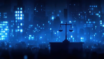 A blue-toned cityscape at night features a silhouette of scales, symbolizing justice against a backdrop of glowing buildings.