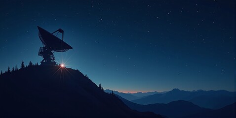 A massive radio telescope pierces the dark night sky, silently capturing cosmic whispers and distant celestial signals from unknown galaxies