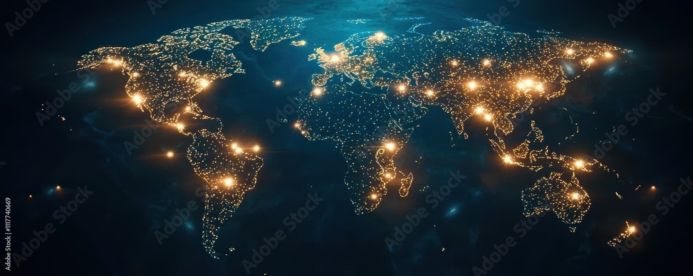 Poster global connectivity and network growth world map digital visualization technology aerial view modern