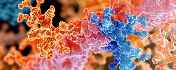 Microscopic analysis of colorful protein structures laboratory scientific illustration digital abstract close-up view biochemistry insights