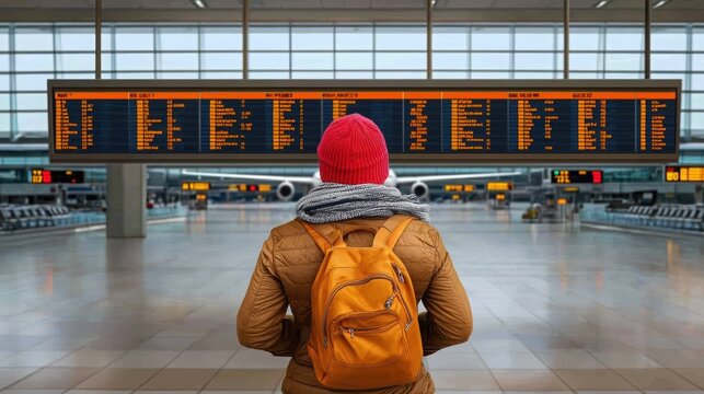 A traveler observing flight information at an airport terminal, showcasing modern travel facilities and waiting areas.